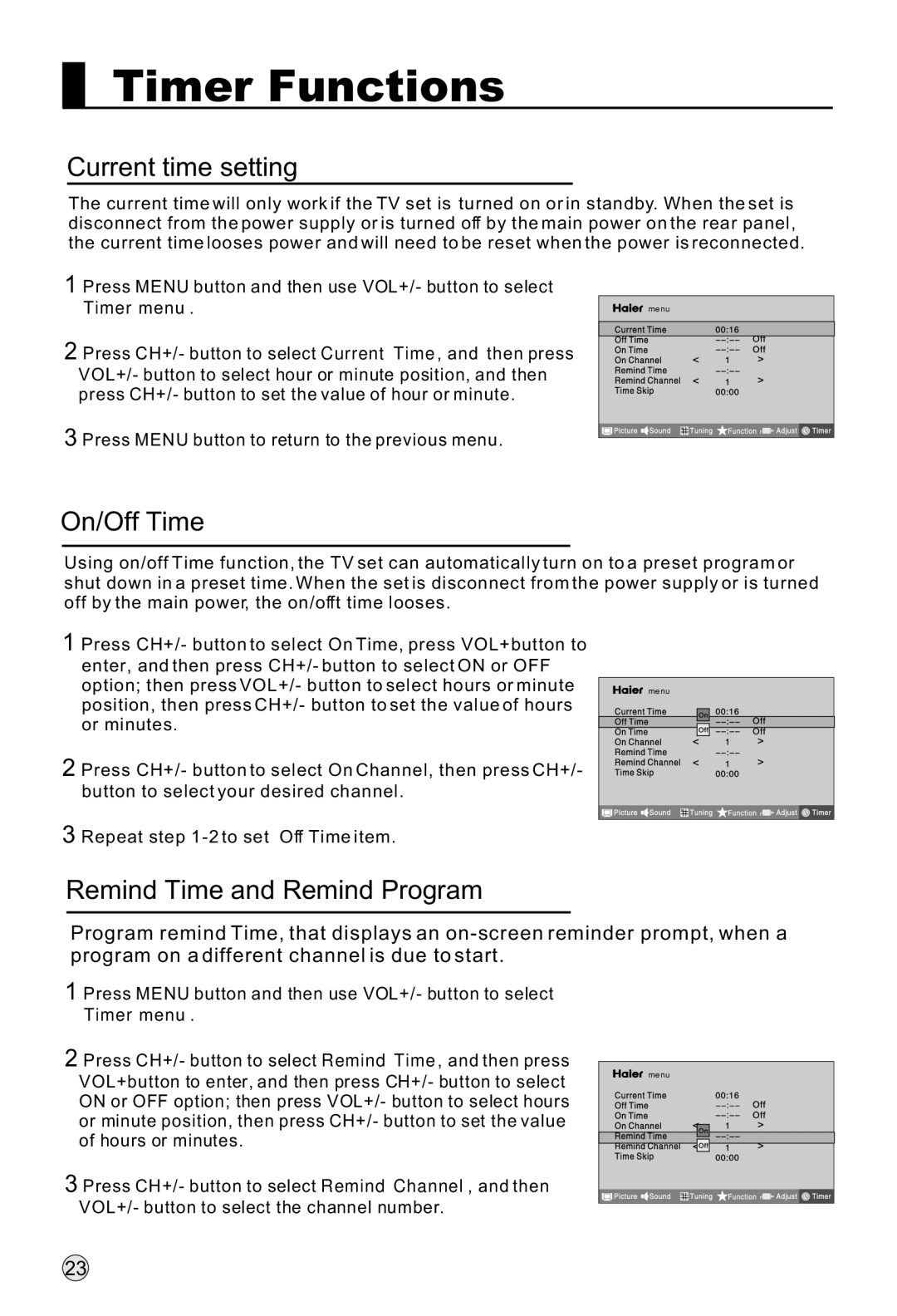 Haier P42K1, P37K1, P50K1 manual Timer Functions, Current time setting, On/Off Time, Remind Time and Remind Program 