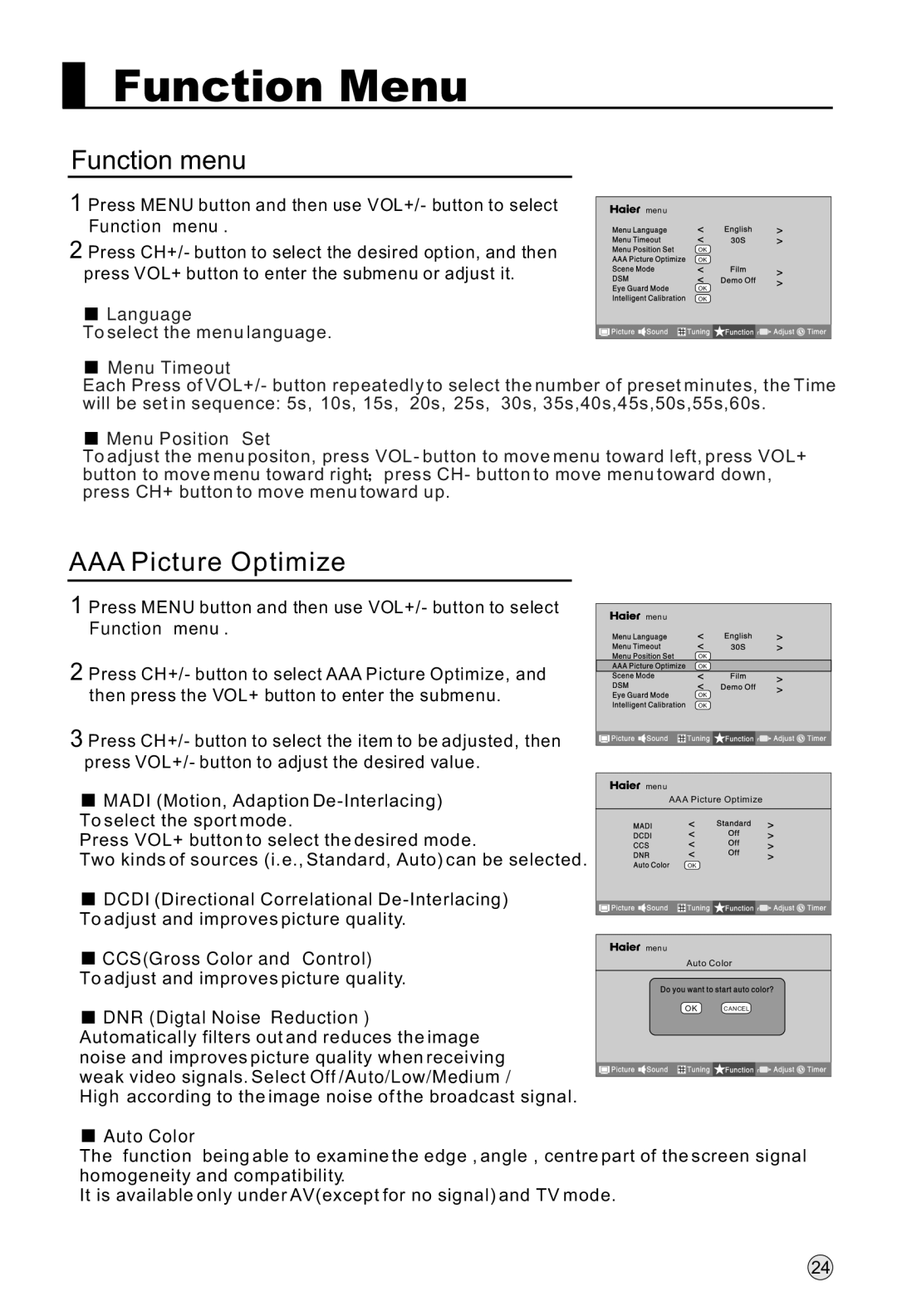 Haier P50K1, P37K1, P42K1 manual Function Menu, Function menu, AAA Picture Optimize 