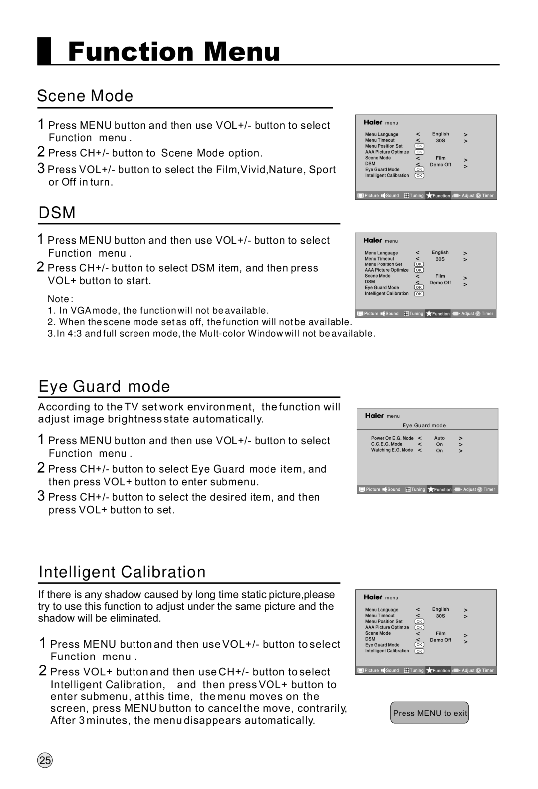 Haier P42K1, P37K1, P50K1 manual Scene Mode, Eye Guard mode, Intelligent Calibration 