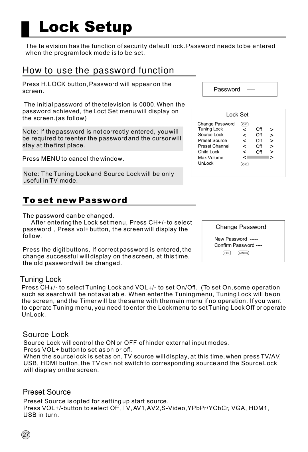 Haier P50K1, P37K1, P42K1 manual Lock Setup, How to use the password function, Tuning Lock, Source Lock, Preset Source 