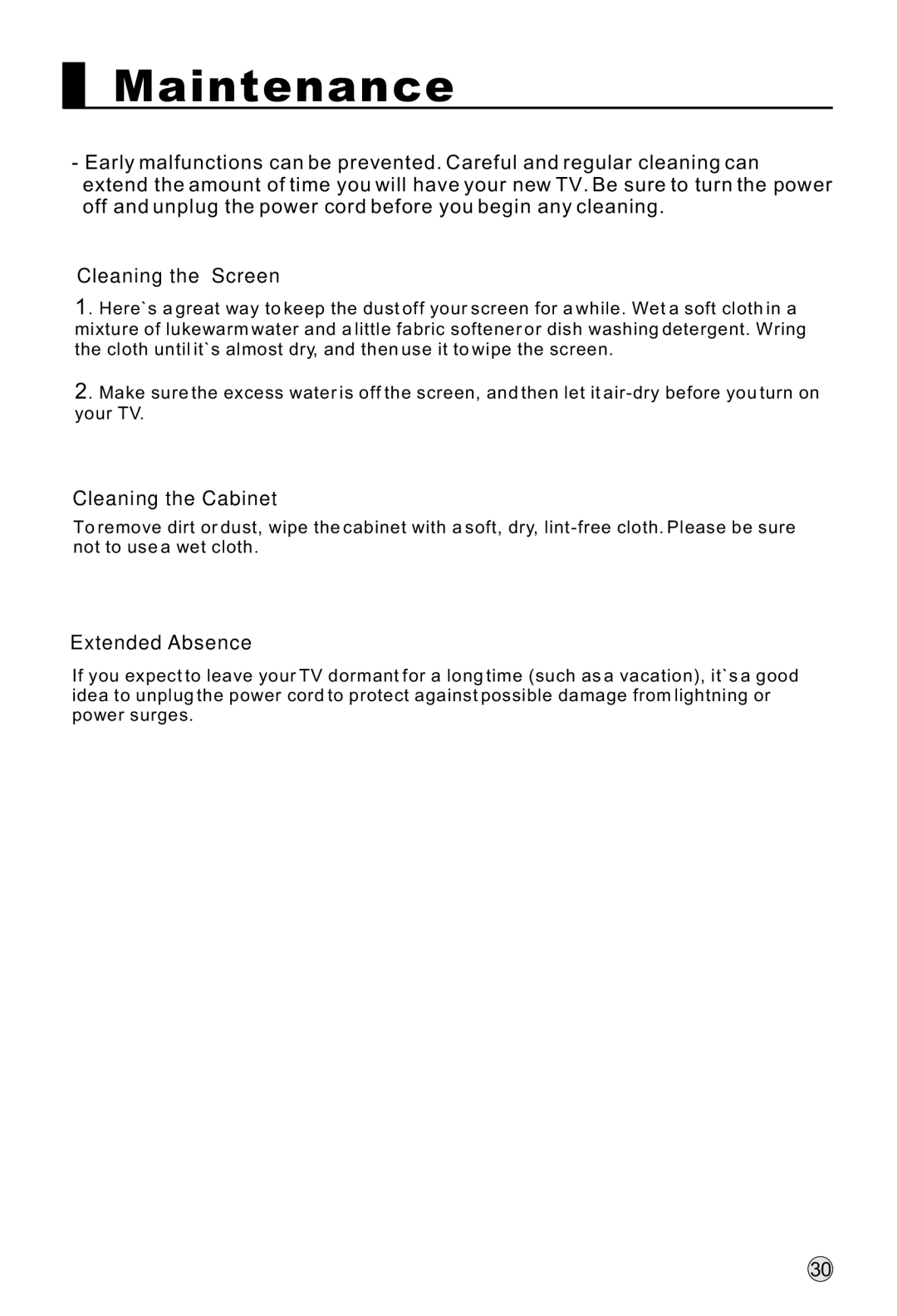Haier P50K1, P37K1, P42K1 manual Maintenance, Cleaning the Screen, Cleaning the Cabinet, Extended Absence 