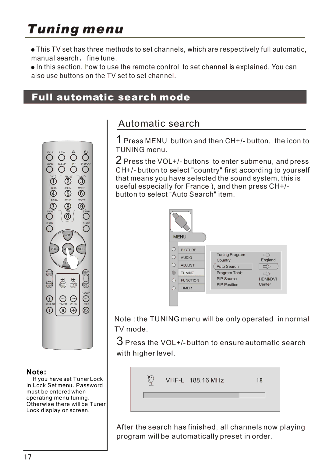 Haier P42A1-AKS owner manual Tuning menu, Full automatic search mode 