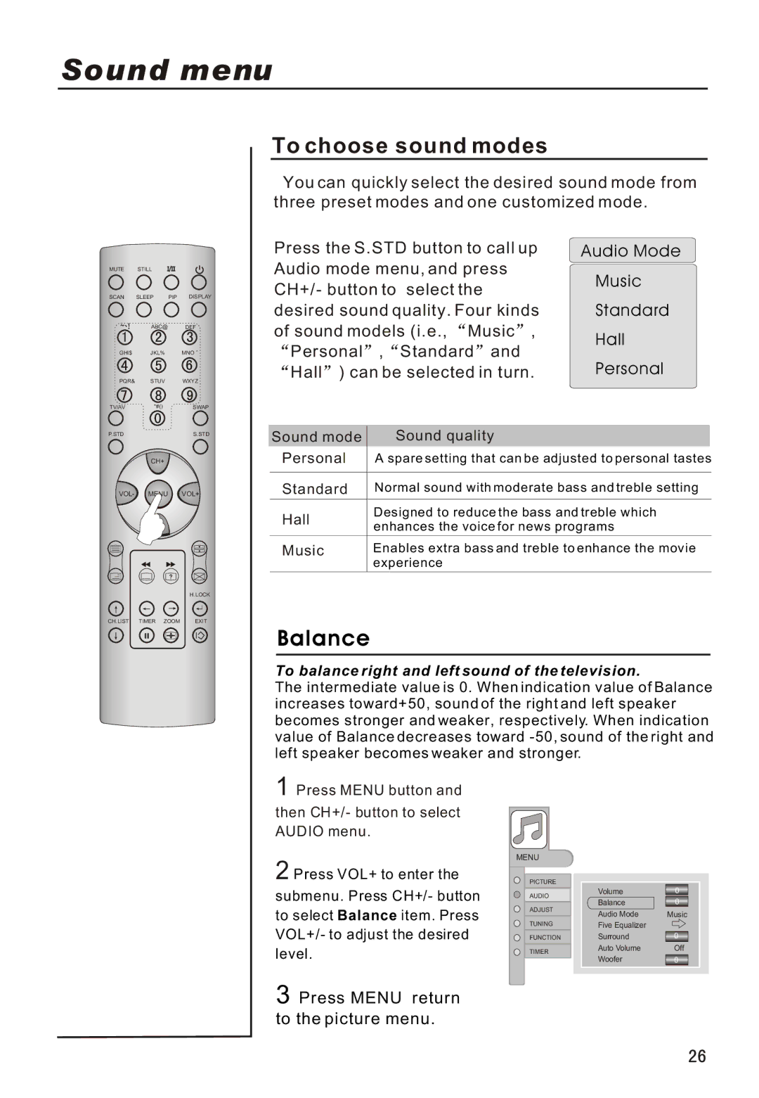 Haier P42A1-AKS owner manual Sound menu, To choose sound modes, Balance 