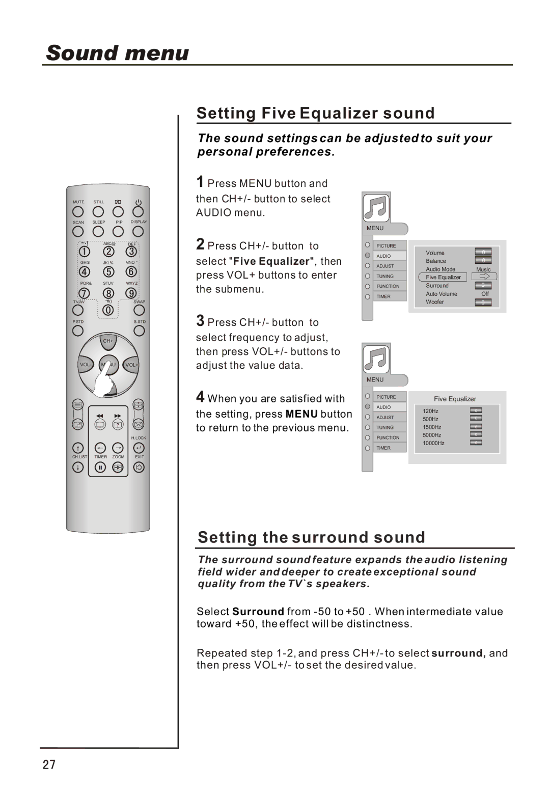 Haier P42A1-AKS owner manual Setting Five Equalizer sound, Setting the surround sound 