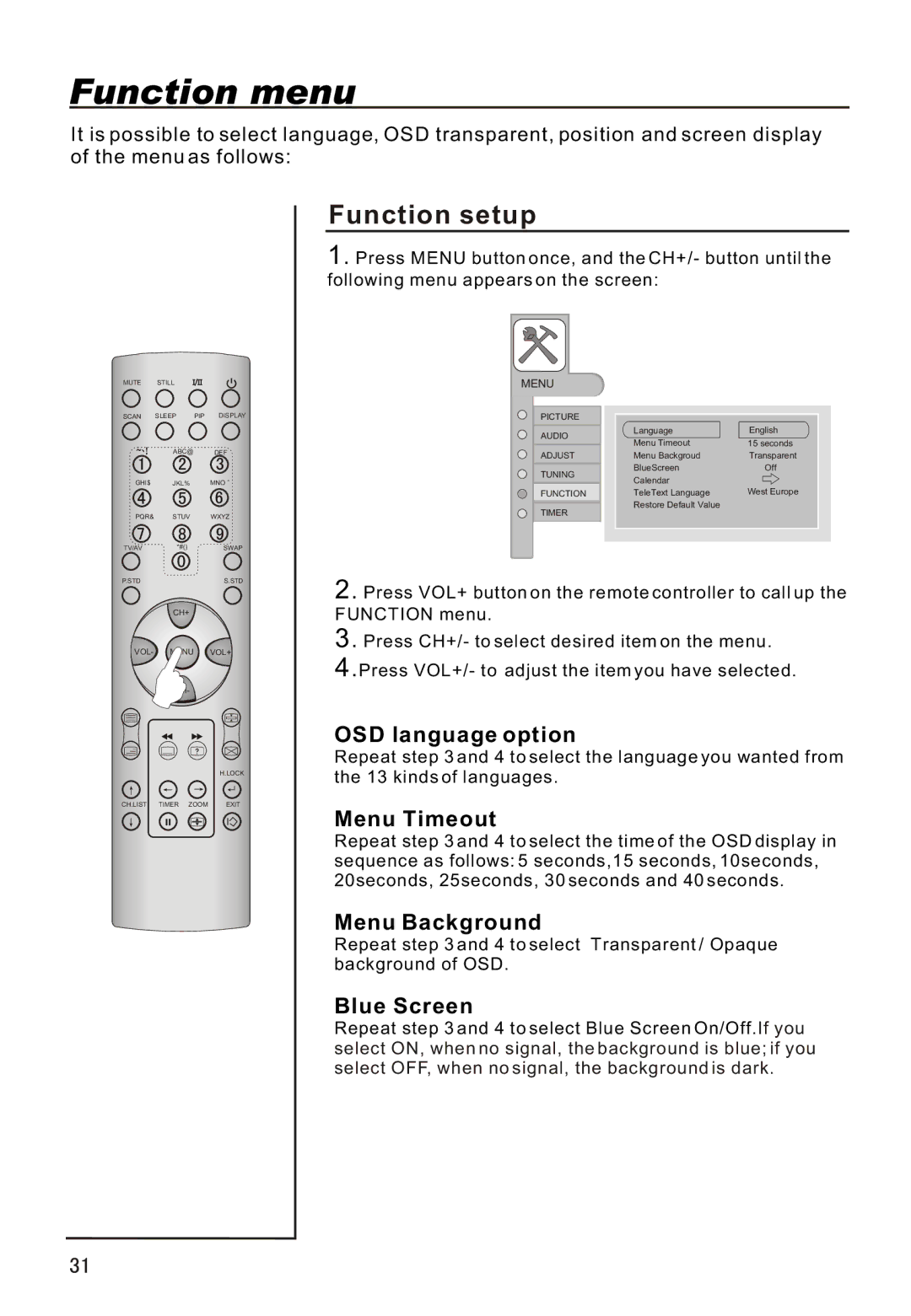 Haier P42A1-AKS owner manual Function menu, Function setup 