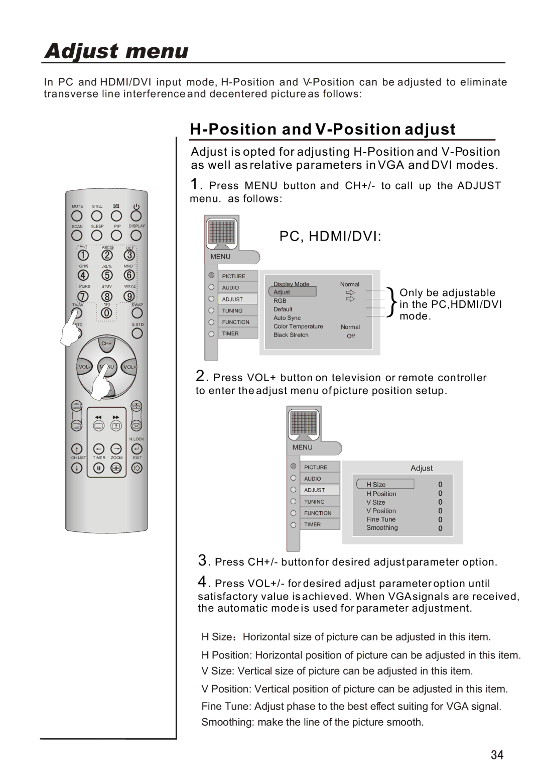 Haier P42A1-AKS owner manual Position and V-Position adjust, Pc, Hdmi/Dvi 