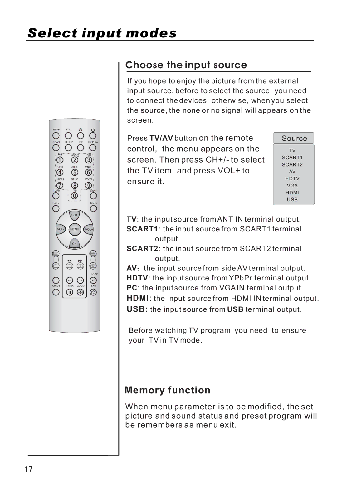 Haier P42A9-AKS owner manual Select input modes, Choose the input source, Memory function 