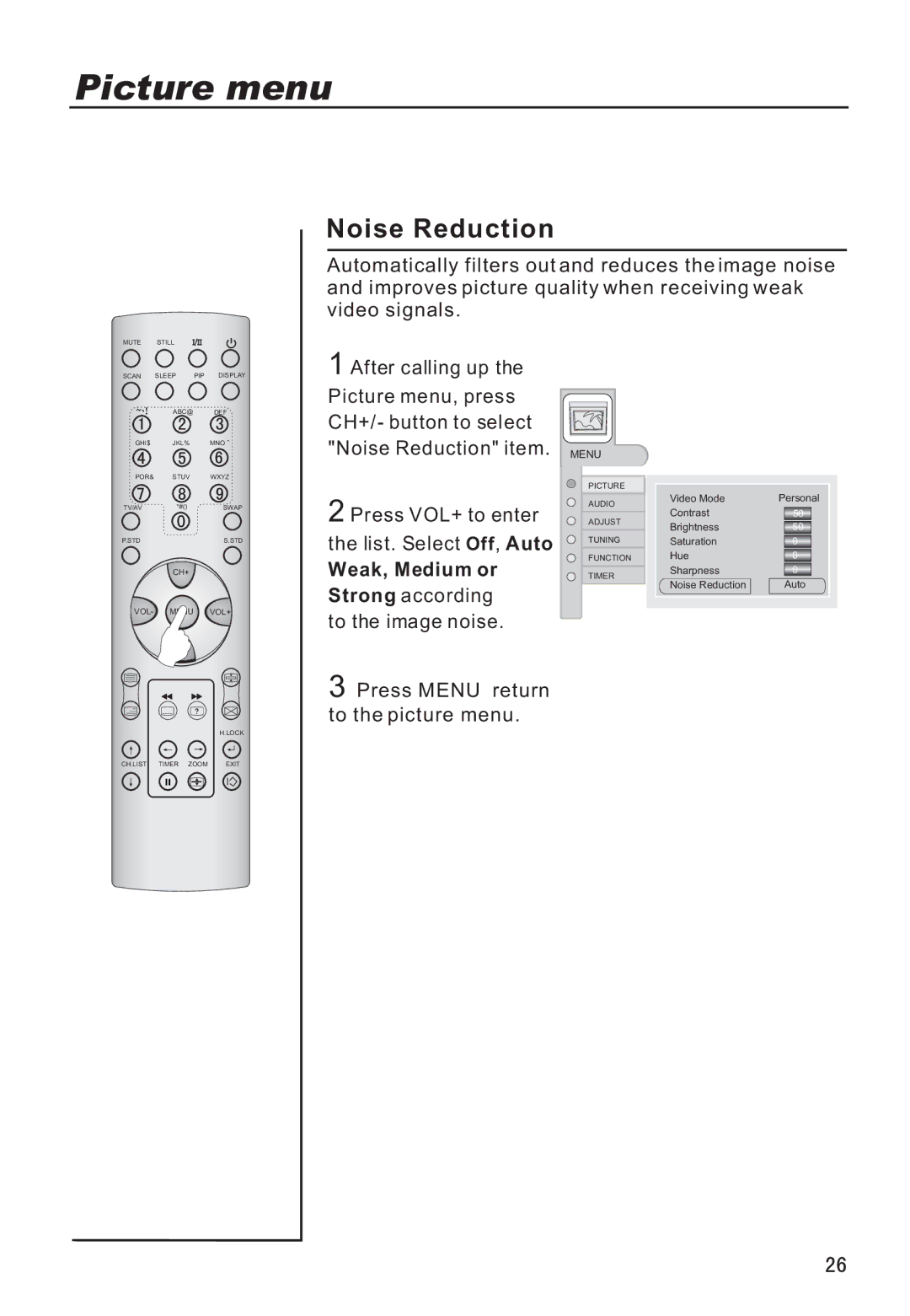 Haier P42A9-AKS owner manual Noise Reduction, Weak, Medium or 