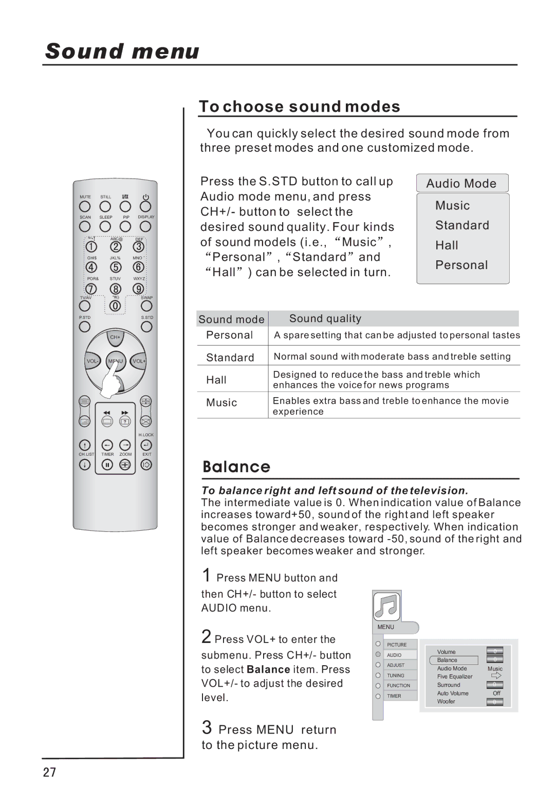 Haier P42A9-AKS owner manual Sound menu, To choose sound modes, Balance 