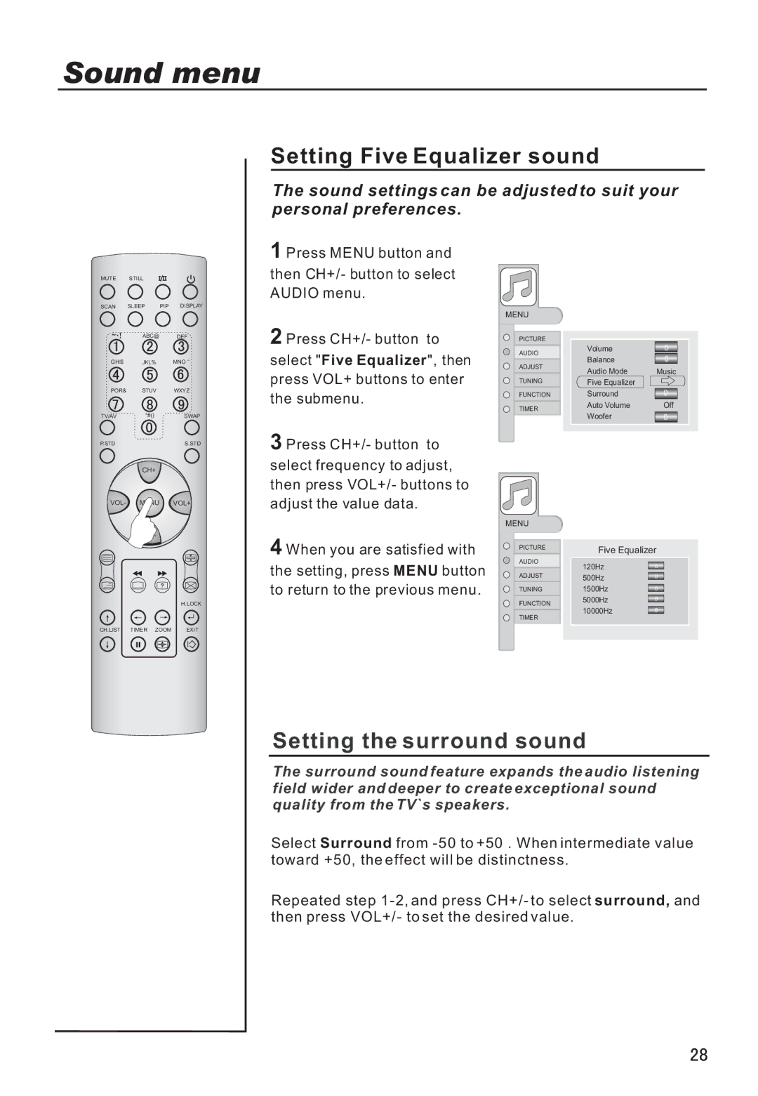 Haier P42A9-AKS owner manual Setting Five Equalizer sound, Setting the surround sound 