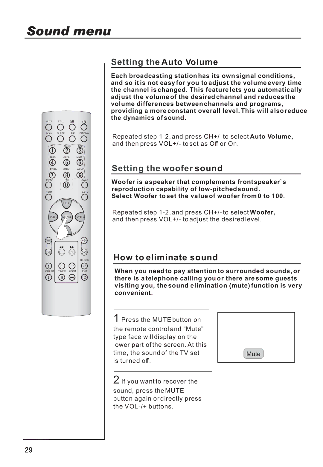 Haier P42A9-AKS owner manual Setting the Auto Volume, Setting the woofer sound, How to eliminate sound 