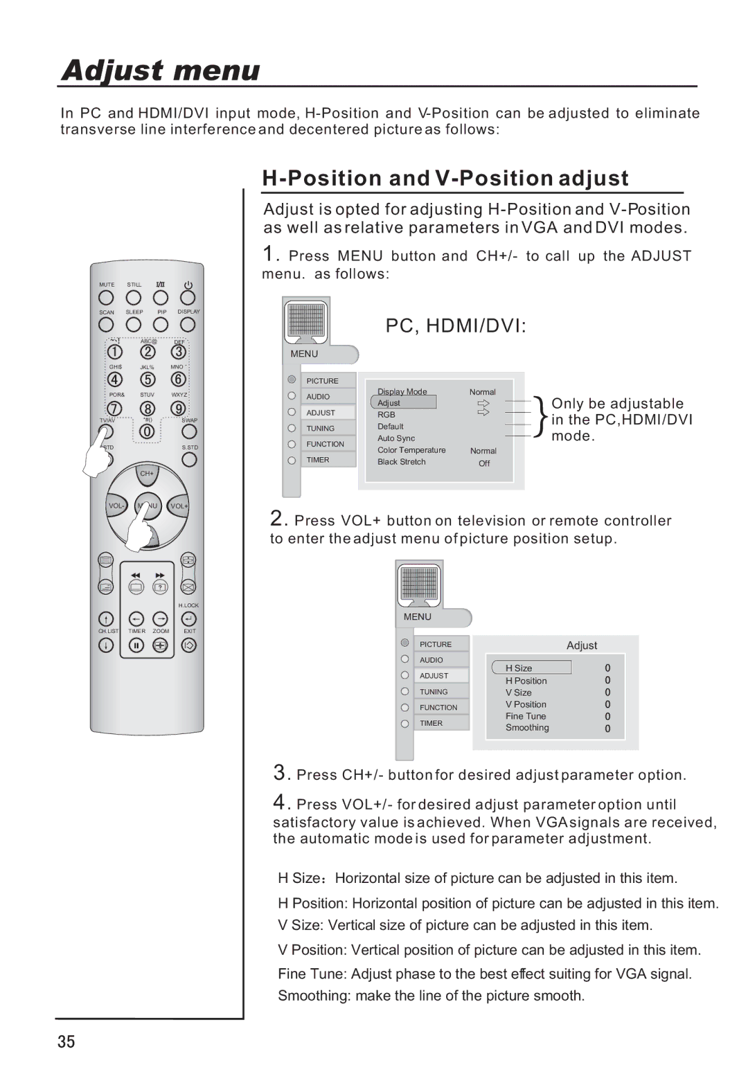 Haier P42A9-AKS owner manual Position and V-Position adjust, Pc, Hdmi/Dvi 