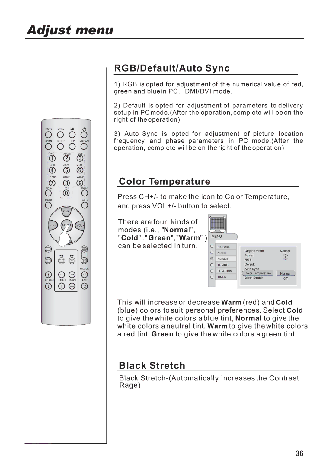 Haier P42A9-AKS owner manual RGB/Default/Auto Sync, Color Temperature, Black Stretch 