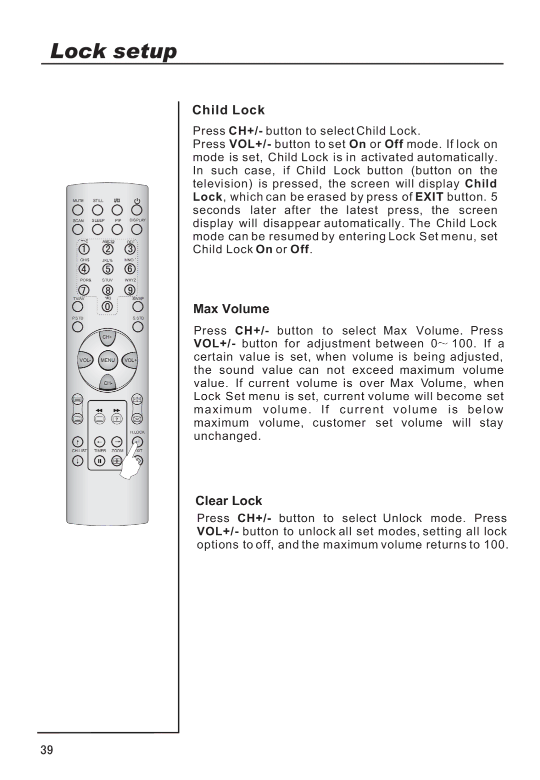 Haier P42A9-AKS owner manual Child Lock, Max Volume, Clear Lock 