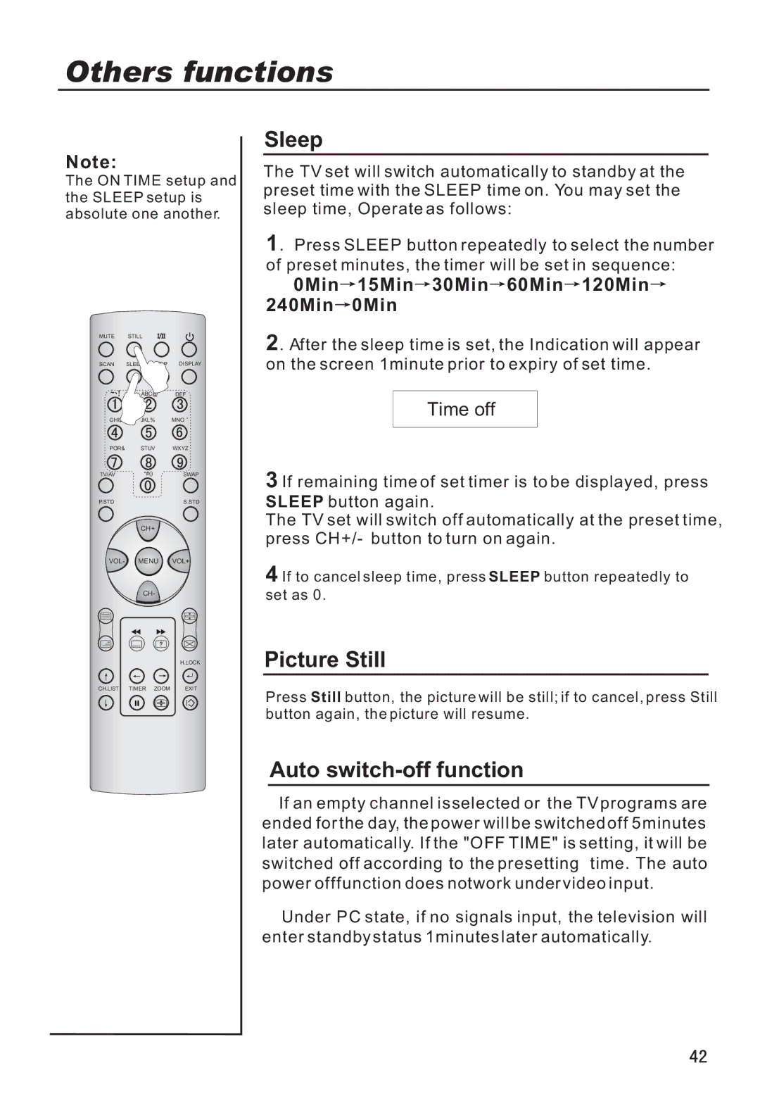 Haier P42A9-AKS owner manual Sleep, Picture Still, Auto switch-off function, 0Min 15Min 30Min 60Min 120Min 240Min 0Min 