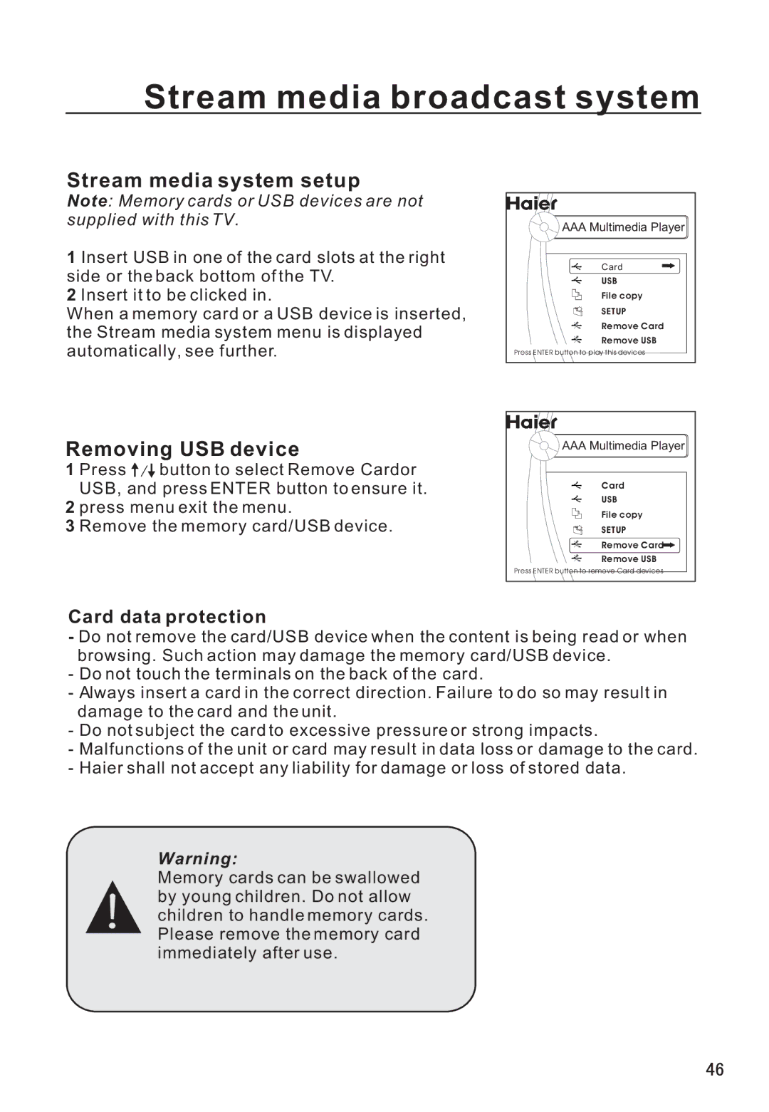 Haier P42A9-AKS owner manual Stream media system setup, Removing USB device, Card data protection 