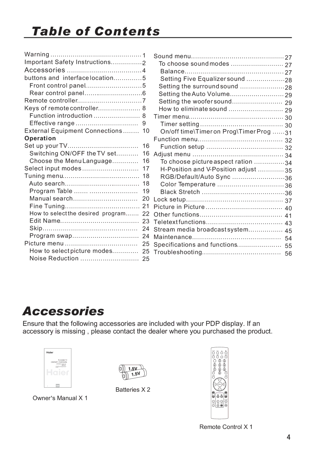 Haier P42A9-AKS owner manual Table of Contents, Accessories 