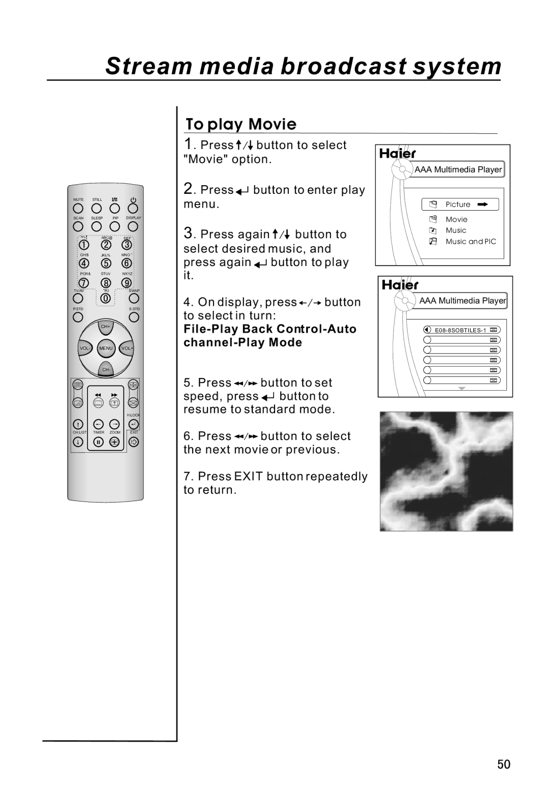 Haier P42A9-AKS owner manual To play Movie, File-Play Back Control-Auto channel-Play Mode 