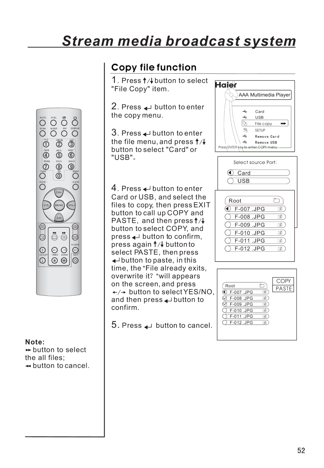 Haier P42A9-AKS owner manual Copy file function, Usb 