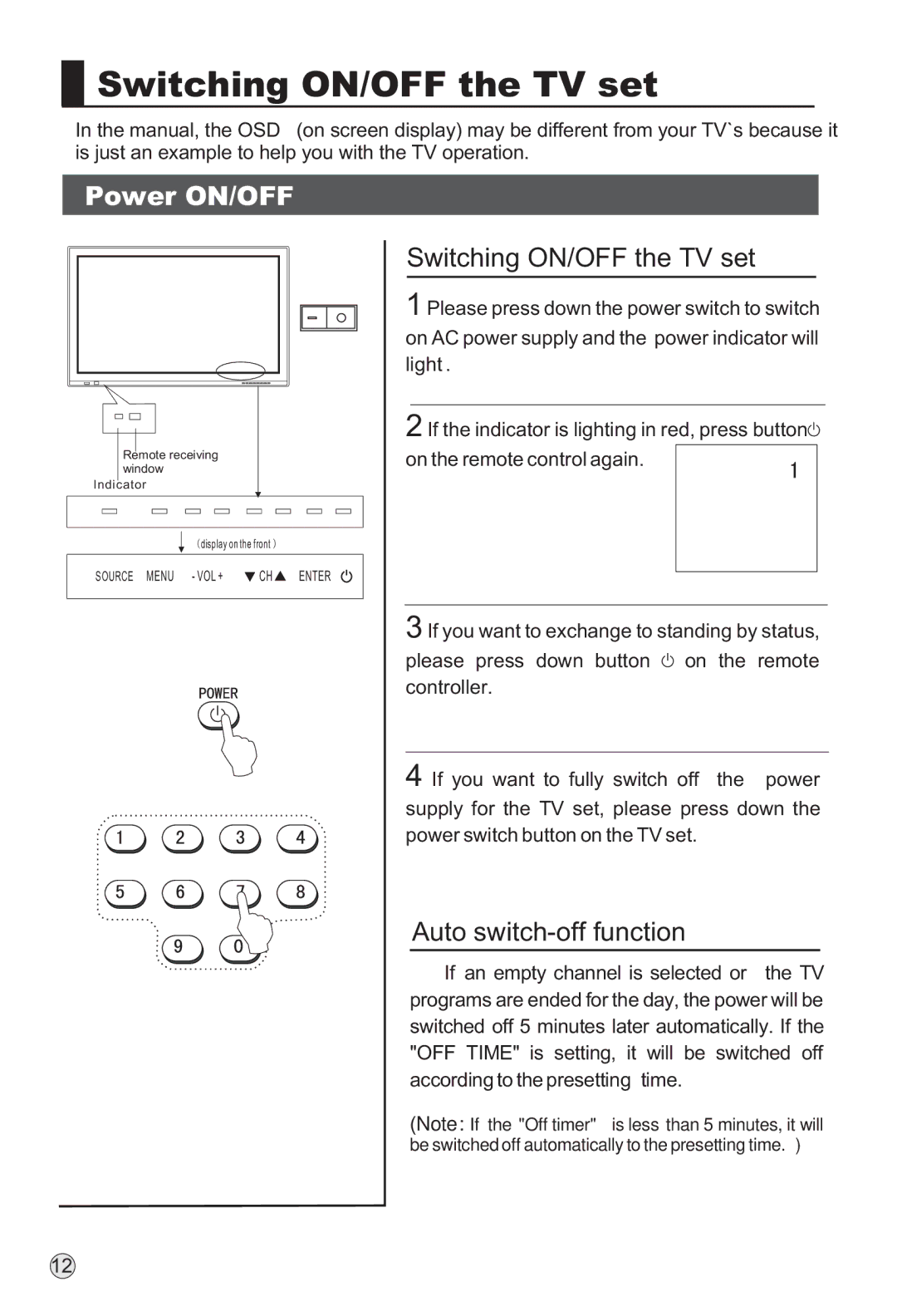 Haier P42S6A-C2 owner manual Switching ON/OFF the TV set, Power ON/OFF, Auto switch-off function 