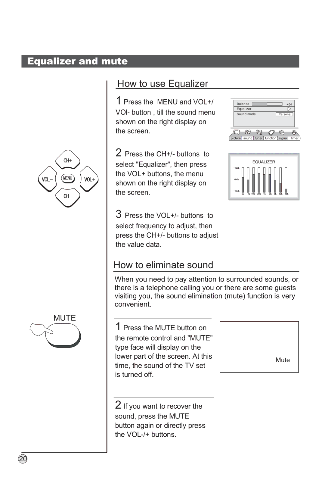 Haier P42S6A-C2 owner manual Equalizer and mute, How to use Equalizer, How to eliminate sound 