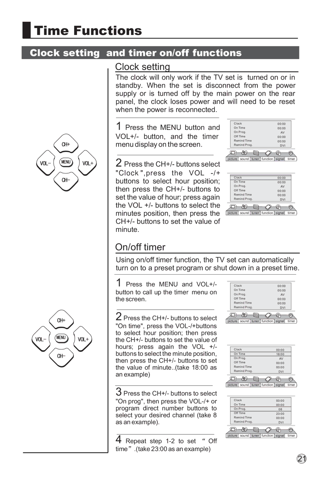 Haier P42S6A-C2 owner manual Time Functions, Clock setting and timer on/off functions, On/off timer 