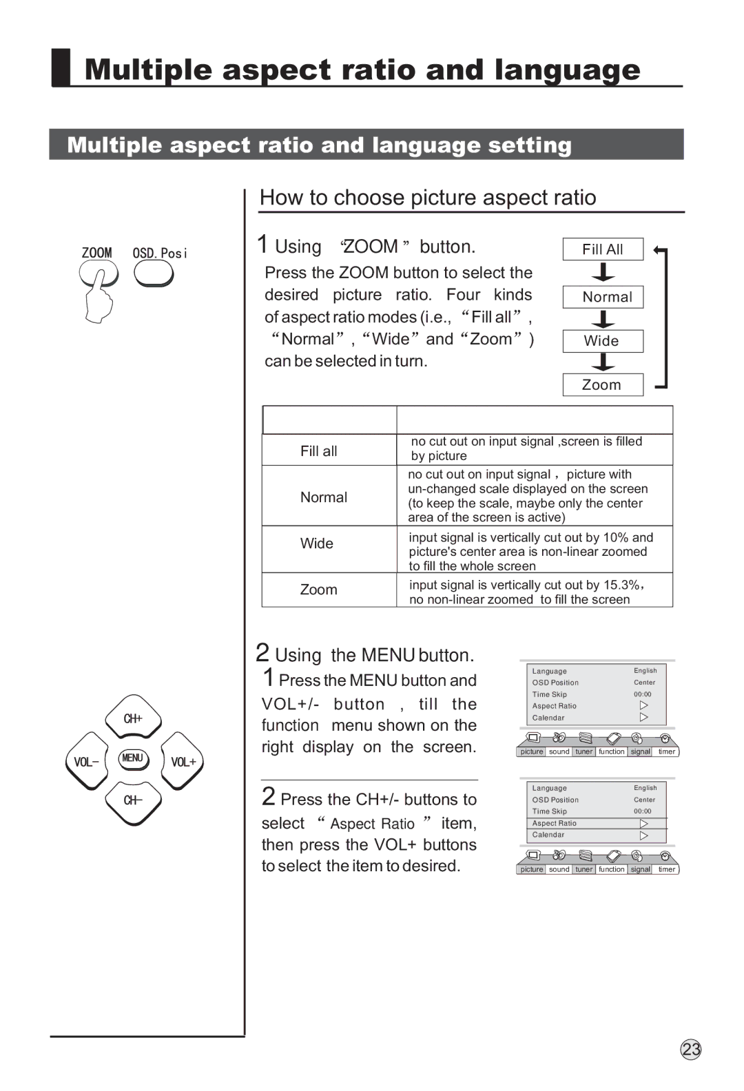 Haier P42S6A-C2 Multiple aspect ratio and language setting, How to choose picture aspect ratio, Using Zoom button 