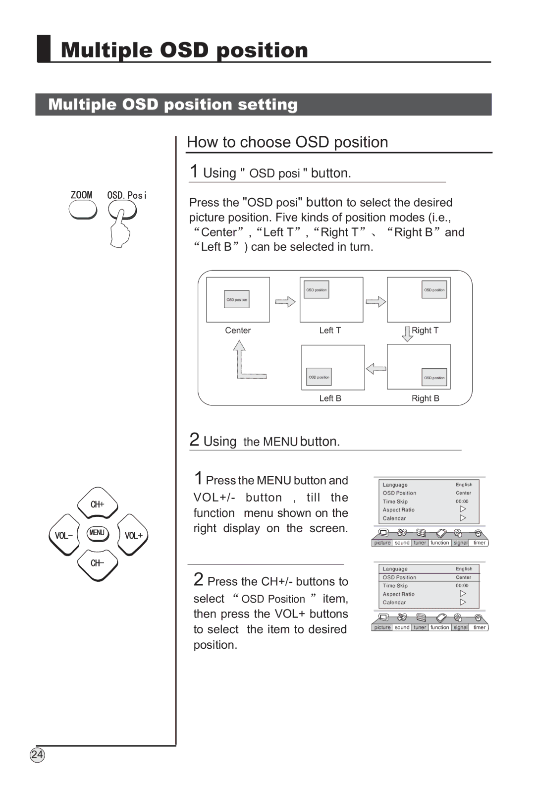 Haier P42S6A-C2 owner manual Multiple OSD position setting, How to choose OSD position, Using OSD posi button 