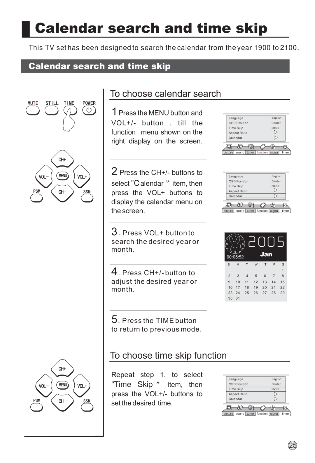 Haier P42S6A-C2 owner manual Calendar search and time skip, To choose calendar search, To choose time skip function 