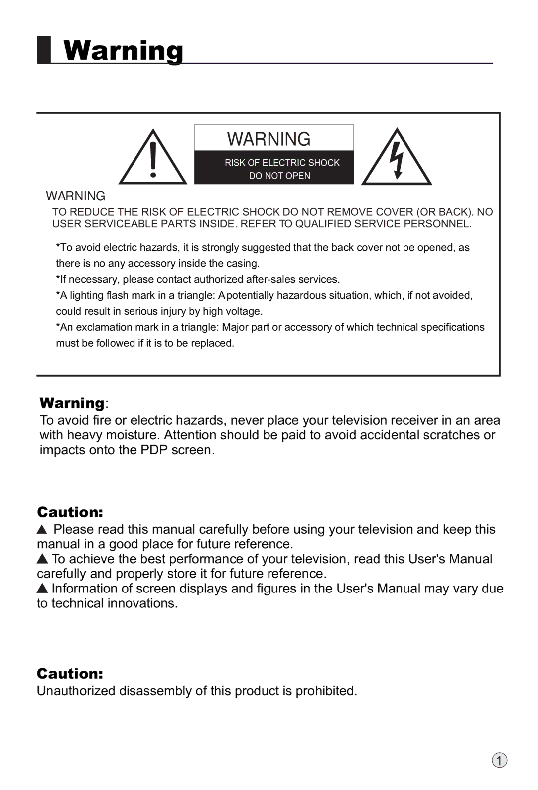 Haier P42S6A-C2 owner manual Risk of Electric Shock Do not Open 