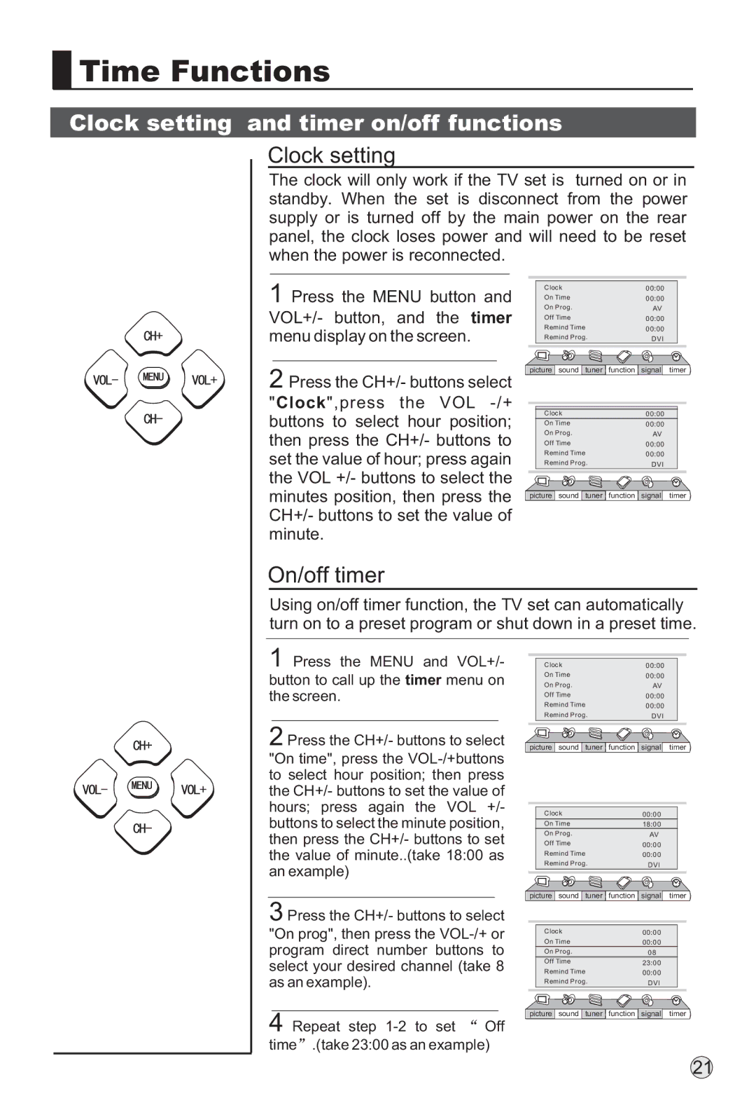 Haier P42SV6-C1 owner manual Time Functions, Clock setting and timer on/off functions, On/off timer 