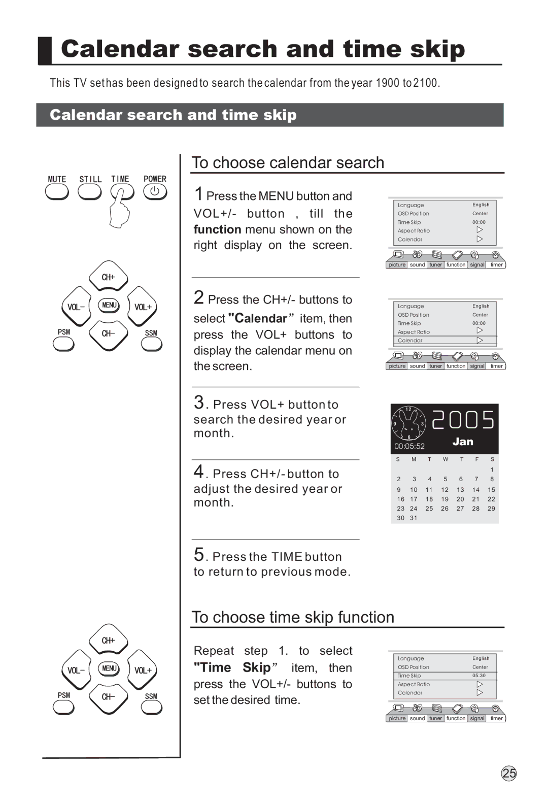 Haier P42SV6-C1 owner manual Calendar search and time skip, To choose calendar search, To choose time skip function 