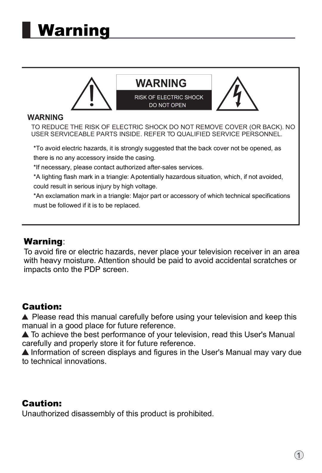 Haier P42SV6-C1 owner manual Risk of Electric Shock Do not Open 