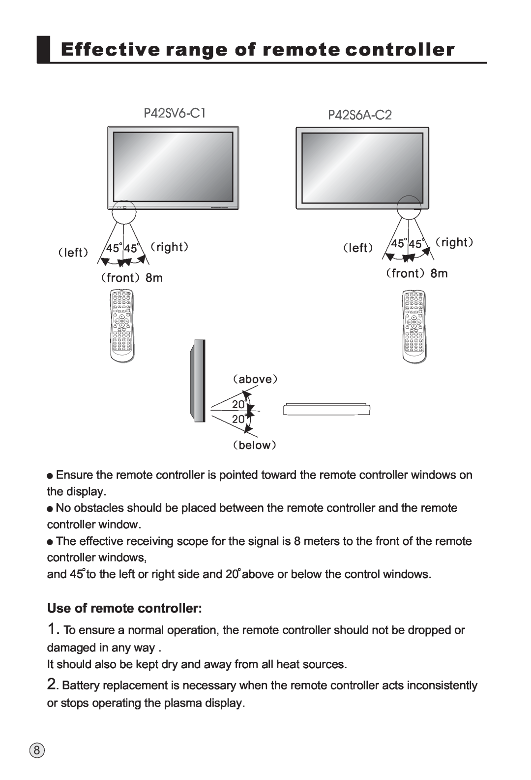 Haier owner manual P42SV6-C1P42S6A-C2, Use of remote controller, Effective range of remote controller 