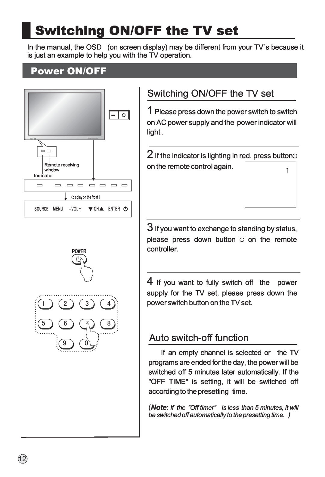 Haier P42SV6-C1 owner manual Switching ON/OFF the TV set, Power ON/OFF, Auto switch-off function 