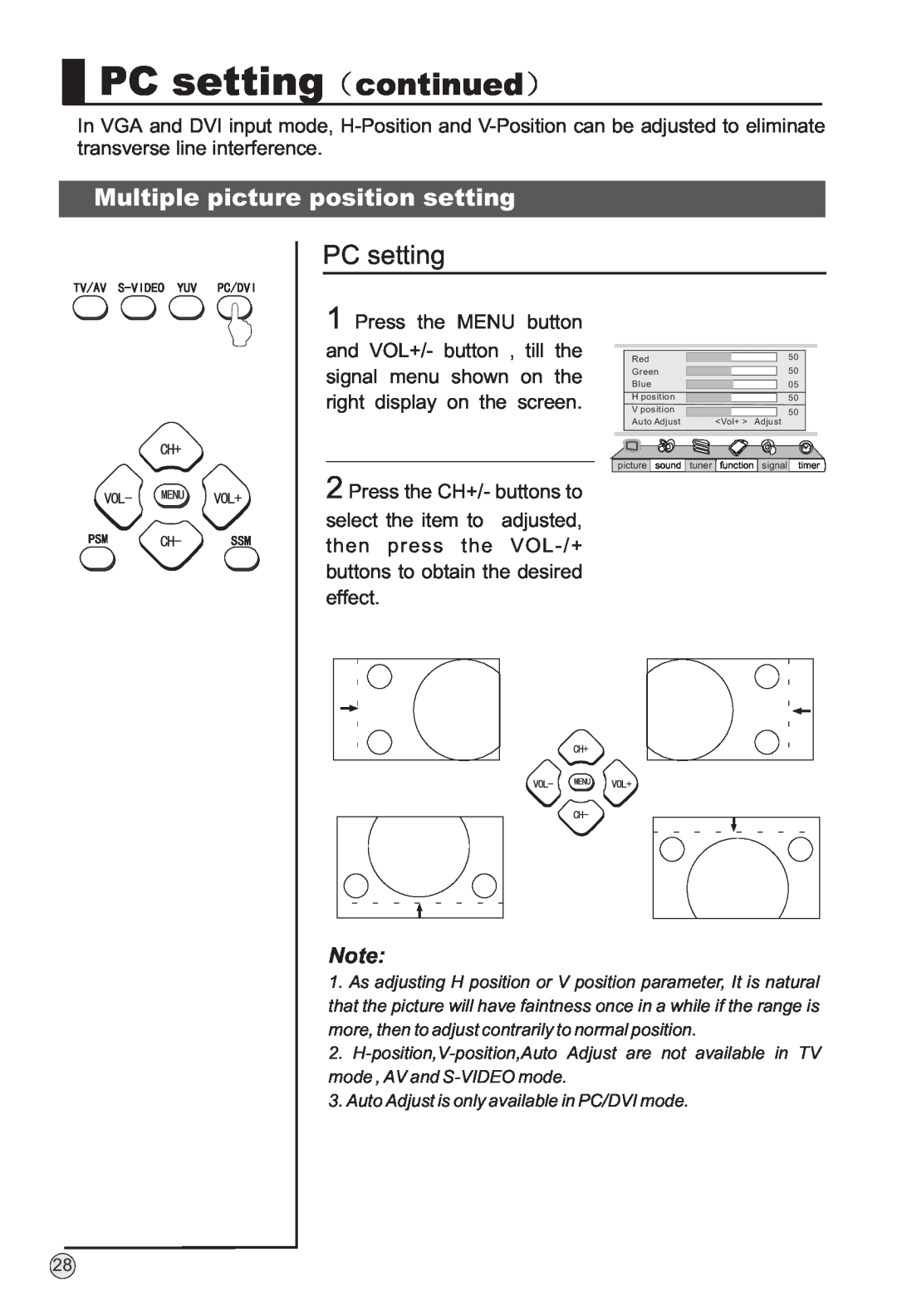 Haier P42SV6-C1 owner manual PC setting continued, Multiple picture position setting 