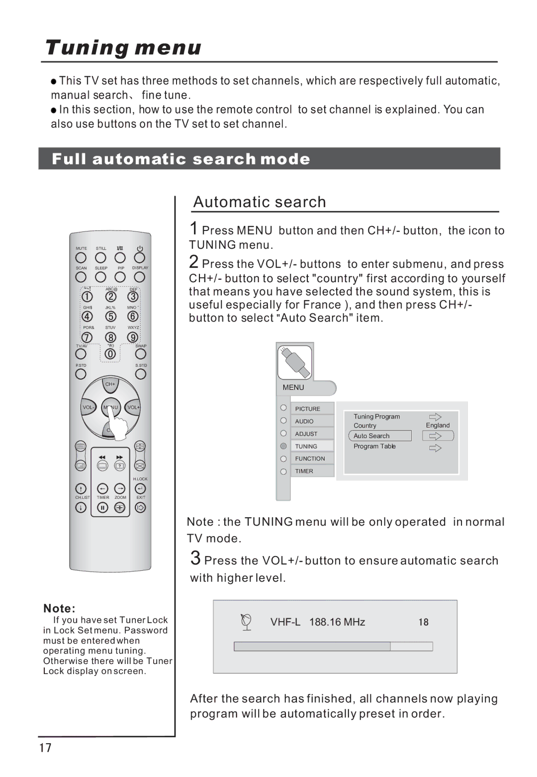 Haier P42V6-A8K owner manual Tuning menu, Full automatic search mode 