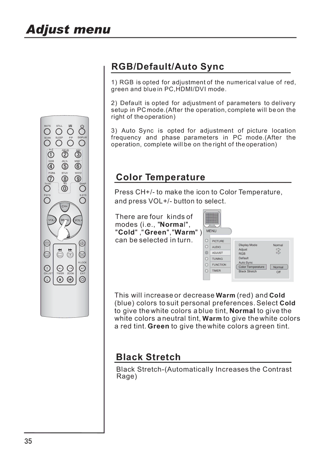 Haier P50V6-A8, P42LV6-T1 owner manual RGB/Default/Auto Sync, Color Temperature, Black Stretch 