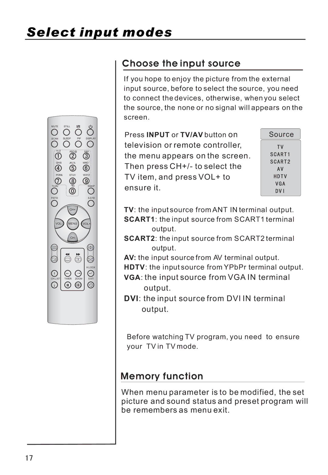 Haier P50V6-A8S owner manual Select input modes, Choose the input source, Memory function 