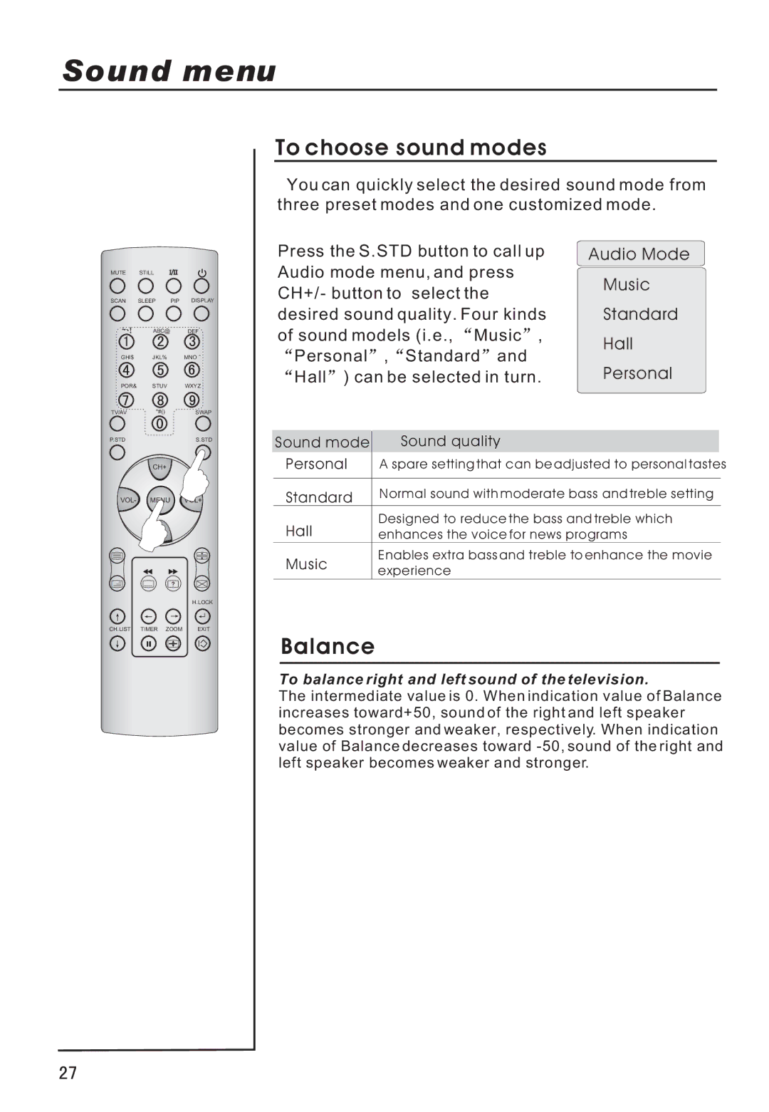 Haier P50V6-A8S owner manual Sound menu, To choose sound modes, Balance 