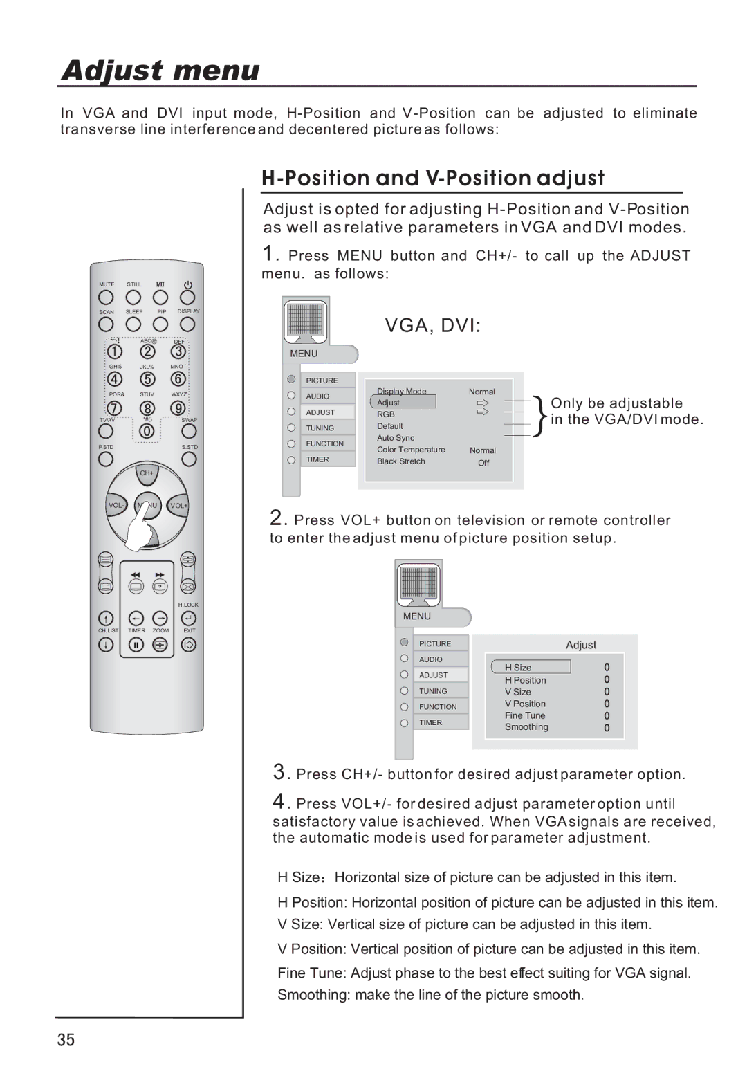 Haier P50V6-A8S owner manual Position and V-Position adjust, Vga, Dvi 