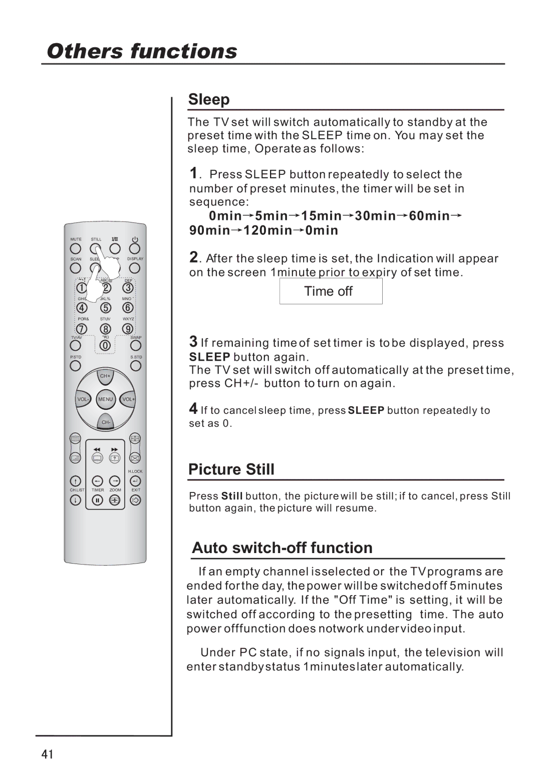 Haier P50V6-A8S owner manual Sleep, Picture Still, Auto switch-off function, 0min 5min 15min 30min 60min 90min 120min 0min 