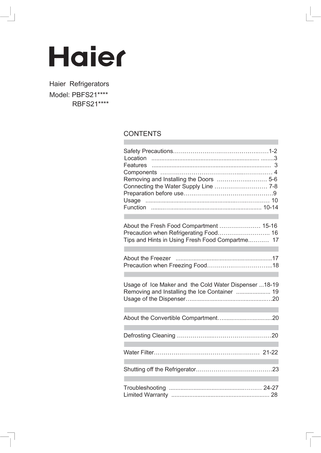 Haier RBFS21, PBFS21 warranty Contents 