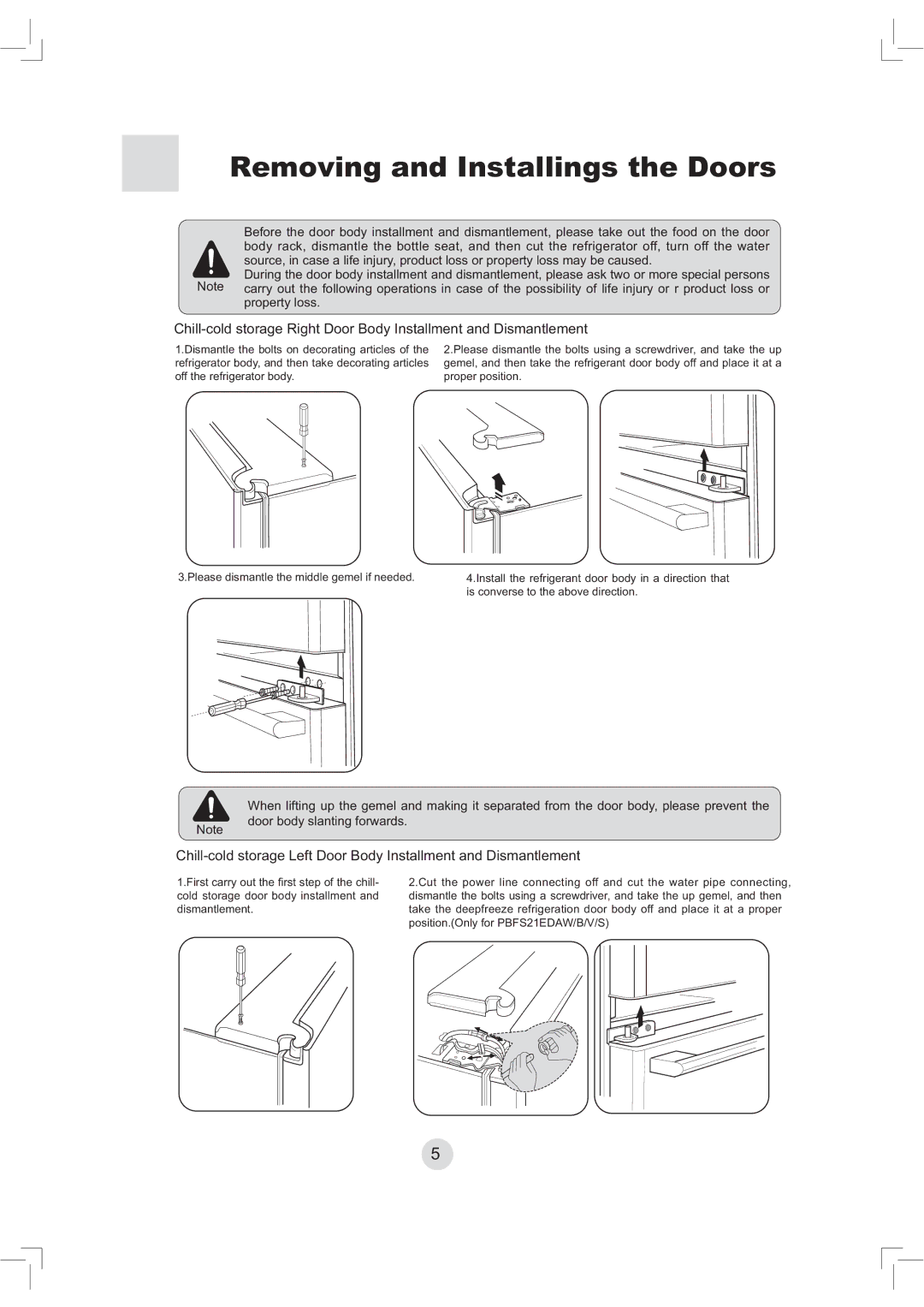 Haier PBFS21, RBFS21 warranty Removing and Installings the Doors 