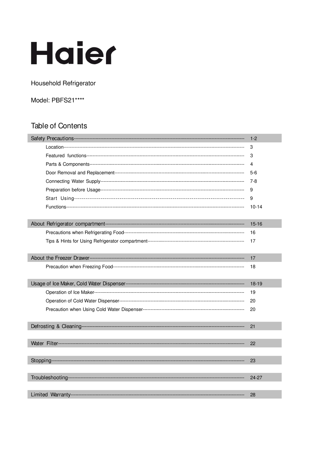 Haier PBFS21EDAE-U warranty Table of Contents 