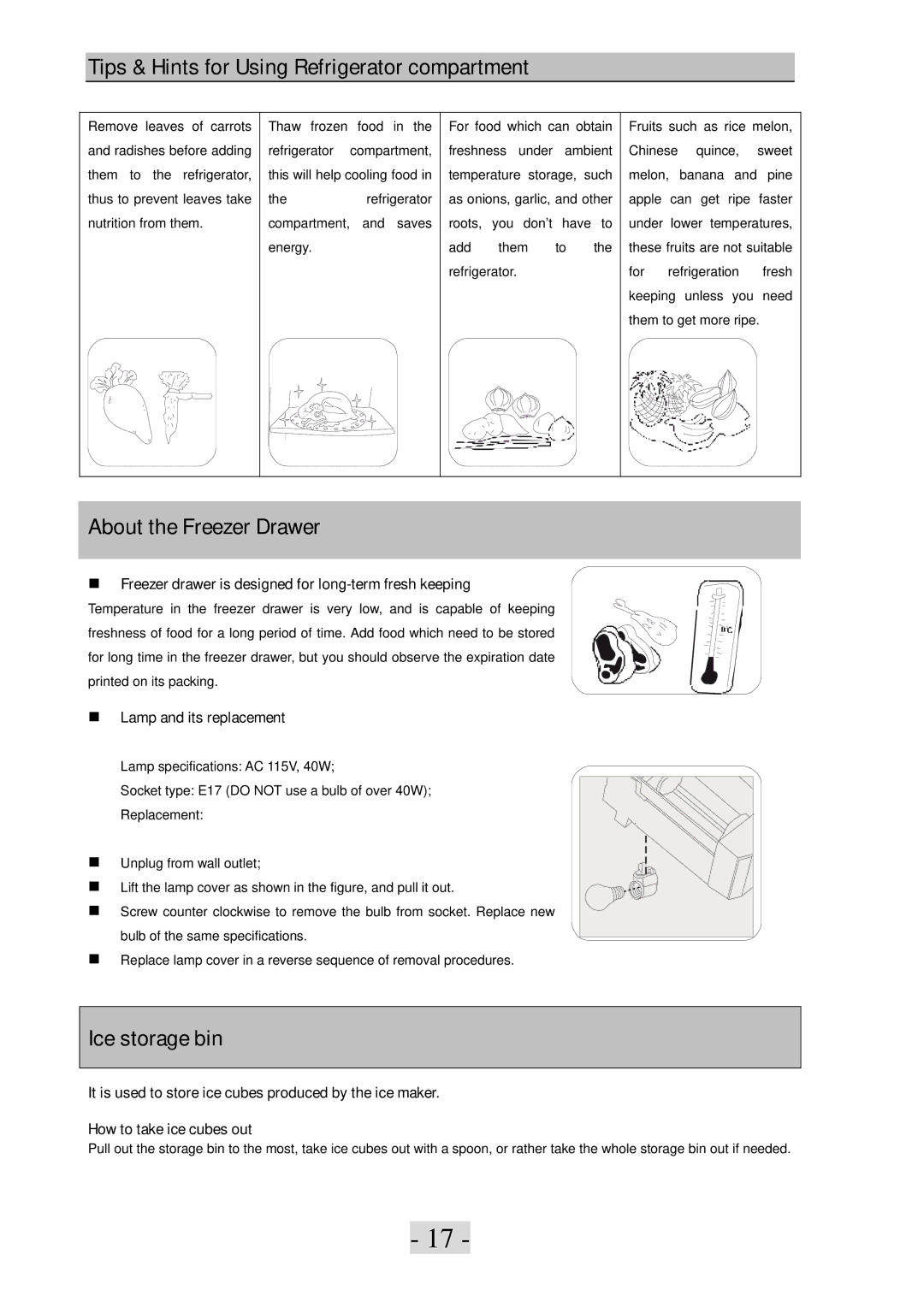 Haier PBFS21EDAE-U warranty Tips & Hints for Using Refrigerator compartment, About the Freezer Drawer, Ice storage bin 