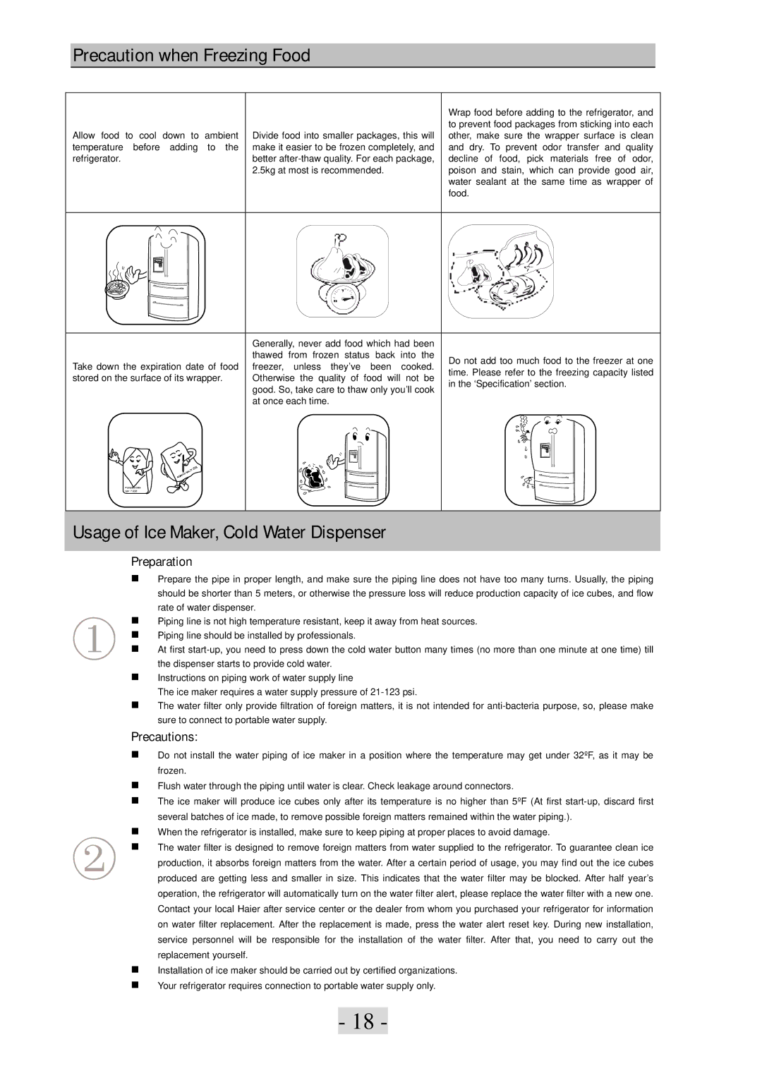 Haier PBFS21EDAE-U Precaution when Freezing Food, Usage of Ice Maker, Cold Water Dispenser, Preparation, Precautions 