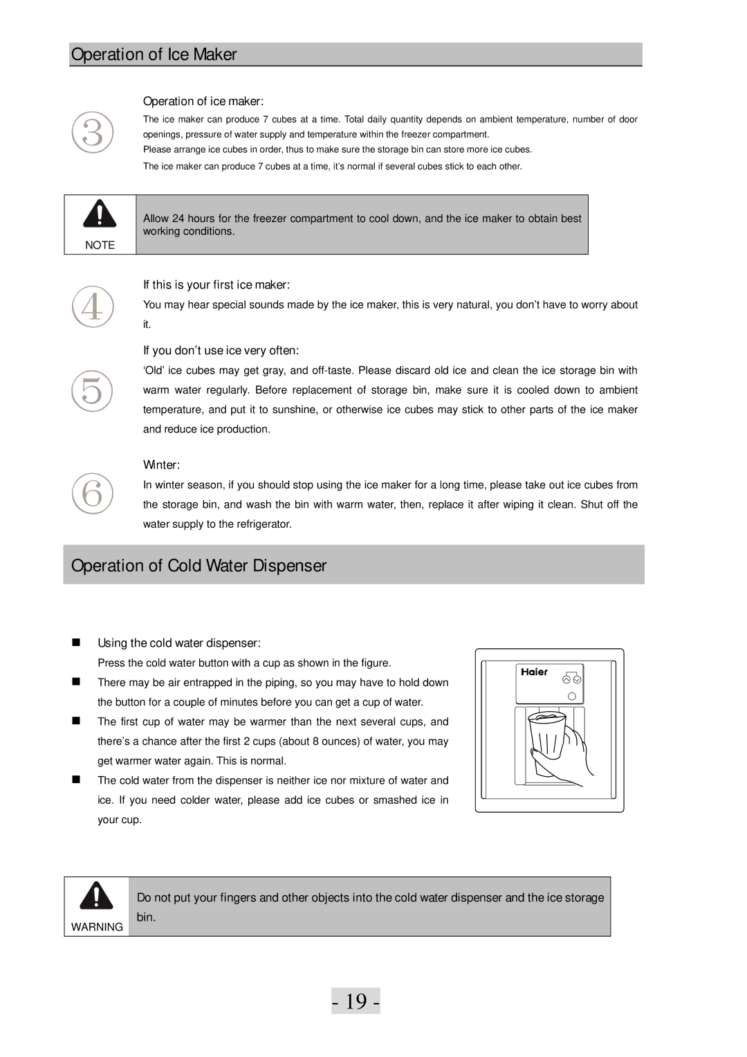 Haier PBFS21EDAE-U warranty Operation of Ice Maker, Operation of Cold Water Dispenser 