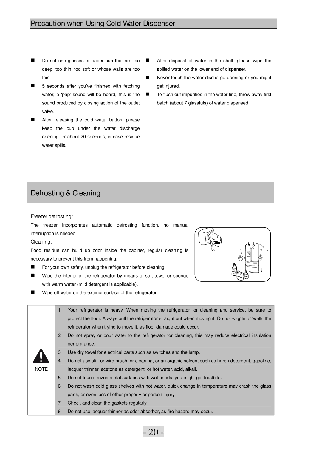 Haier PBFS21EDAE-U warranty Precaution when Using Cold Water Dispenser, Defrosting & Cleaning, Freezer defrosting 