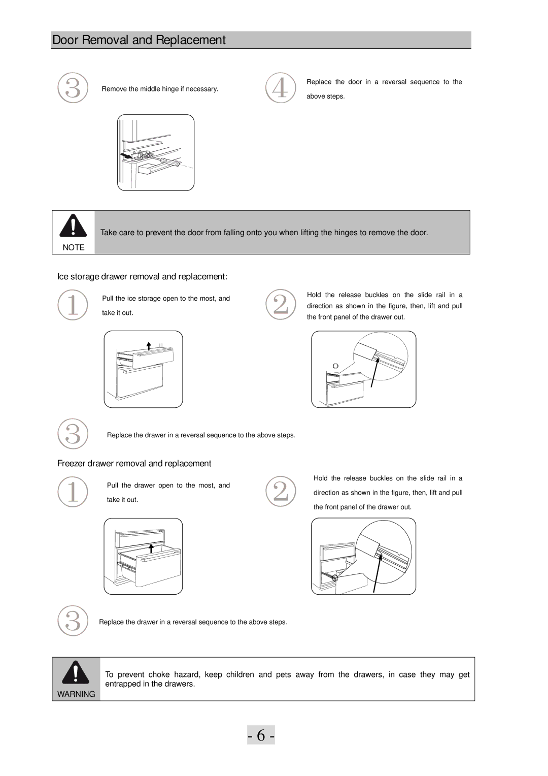 Haier PBFS21EDAE-U warranty Ice storage drawer removal and replacement, Freezer drawer removal and replacement 